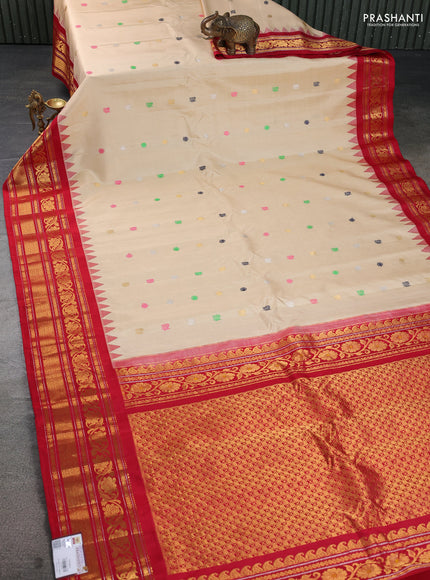 Pure gadwal silk saree cream and red with thread & zari woven buttas and temple design zari woven border