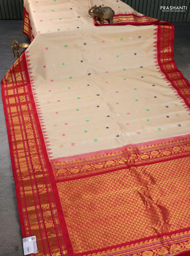 Pure gadwal silk saree cream and red with thread & zari woven buttas and temple design zari woven border