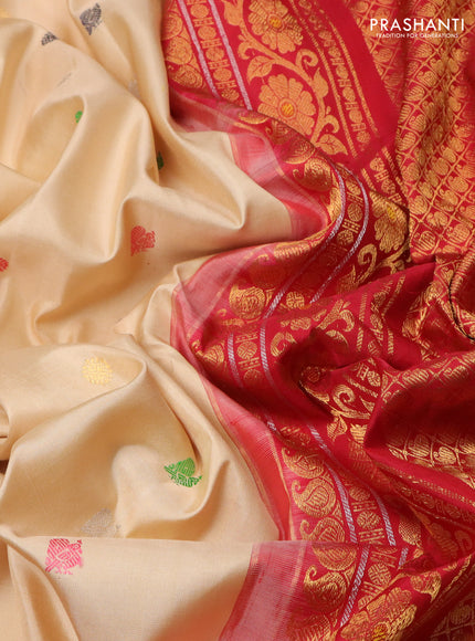 Pure gadwal silk saree cream and red with thread & zari woven buttas and temple design zari woven border