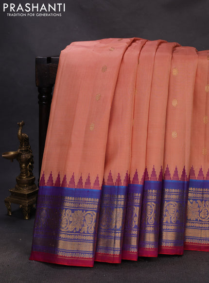 Pure gadwal silk saree peach orange and dual shade of bluish purple with thread & zari woven buttas and temple design zari woven border