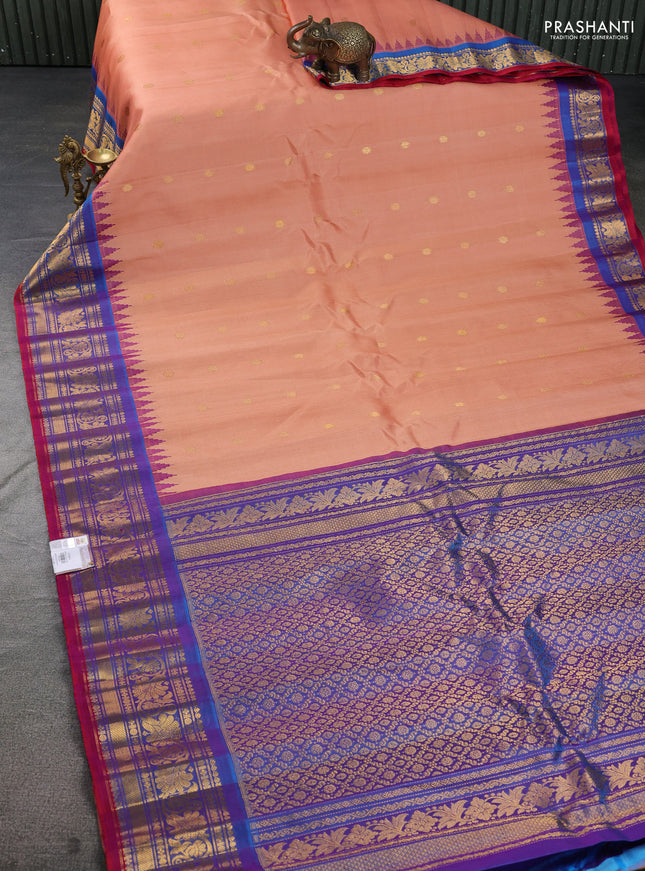 Pure gadwal silk saree peach orange and dual shade of bluish purple with thread & zari woven buttas and temple design zari woven border