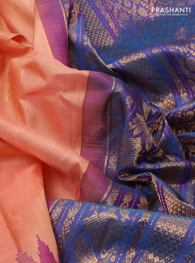 Pure gadwal silk saree peach orange and dual shade of bluish purple with thread & zari woven buttas and temple design zari woven border