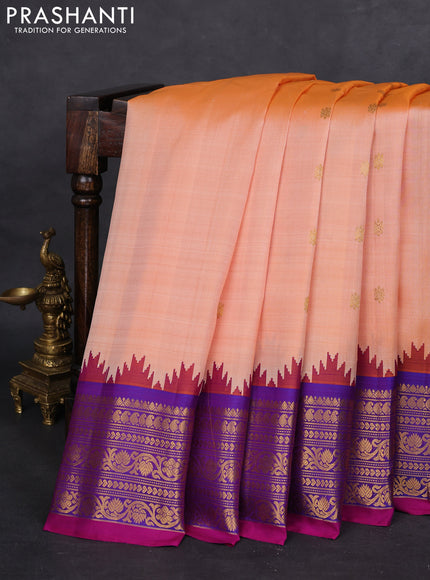 Pure gadwal silk saree orange and dual shade of purple with zari woven buttas and temple design zari woven border