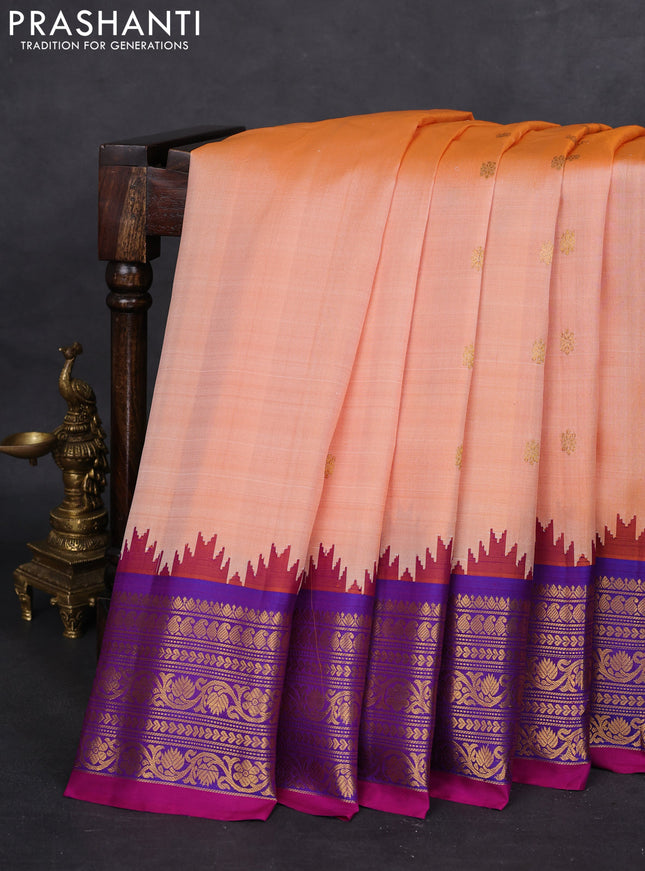 Pure gadwal silk saree orange and dual shade of purple with zari woven buttas and temple design zari woven border