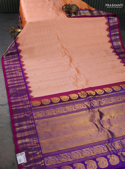 Pure gadwal silk saree orange and dual shade of purple with zari woven buttas and temple design zari woven border
