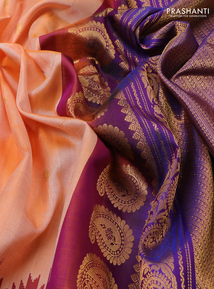 Pure gadwal silk saree orange and dual shade of purple with zari woven buttas and temple design zari woven border