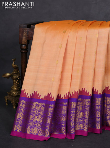 Pure gadwal silk saree pale orange and purple with zari woven buttas and temple design zari woven border