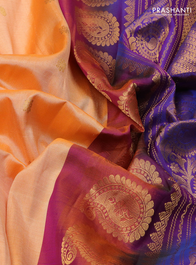 Pure gadwal silk saree pale orange and purple with zari woven buttas and temple design zari woven border