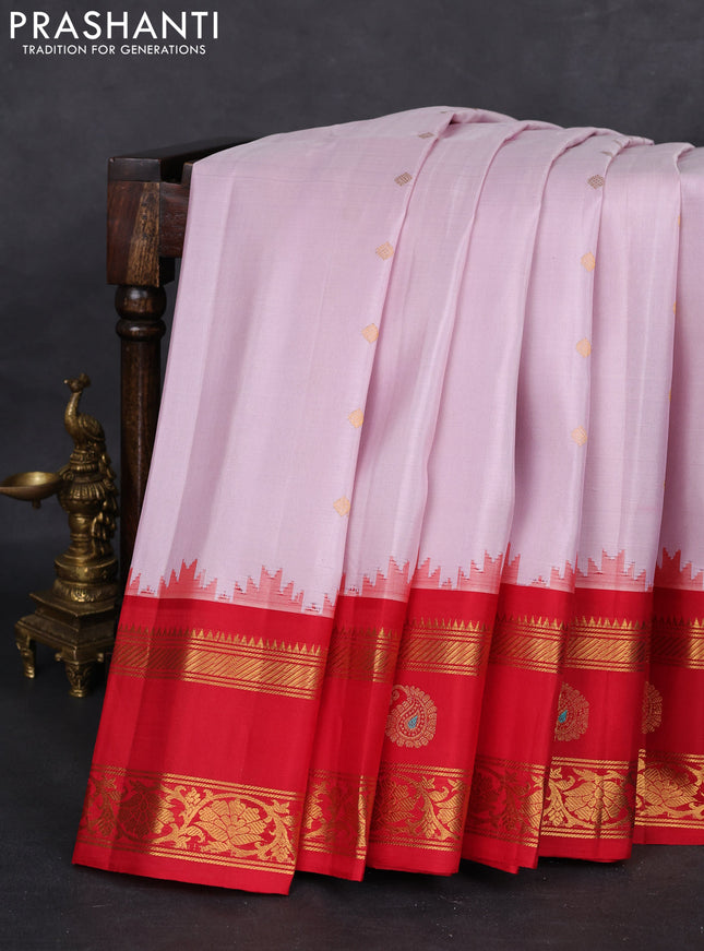 Pure gadwal silk saree baby pink and red with zari woven buttas and temple design rettapet zari woven border