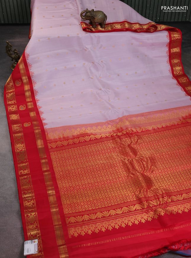 Pure gadwal silk saree baby pink and red with zari woven buttas and temple design rettapet zari woven border
