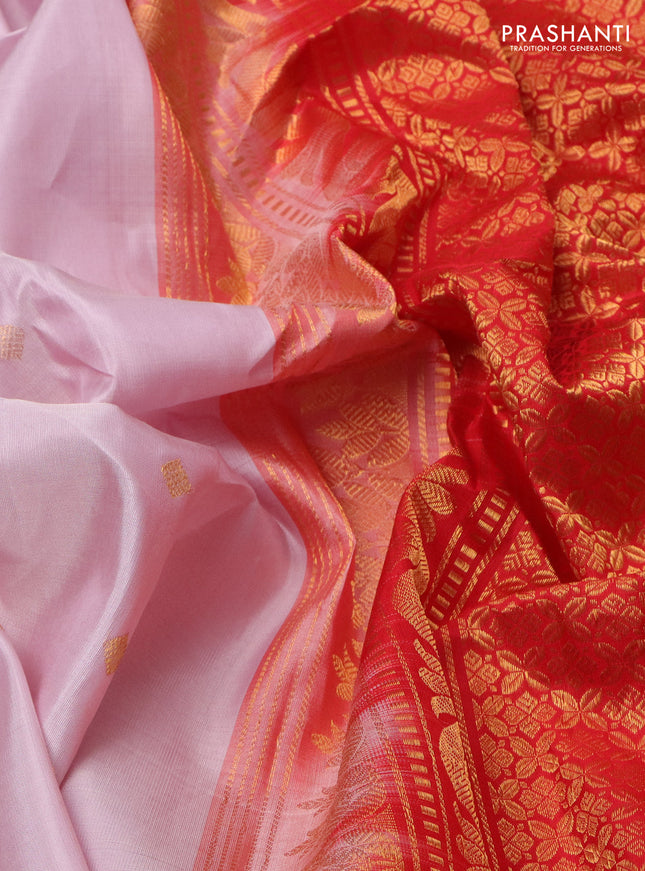 Pure gadwal silk saree baby pink and red with zari woven buttas and temple design rettapet zari woven border