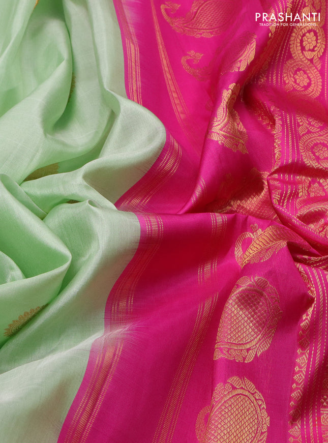 Pure gadwal silk saree pastel green and pink with zari woven buttas and rich zari woven border