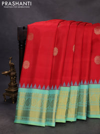 Pure gadwal silk saree red and dual shade of teal green with zari woven buttas and temple design zari woven border