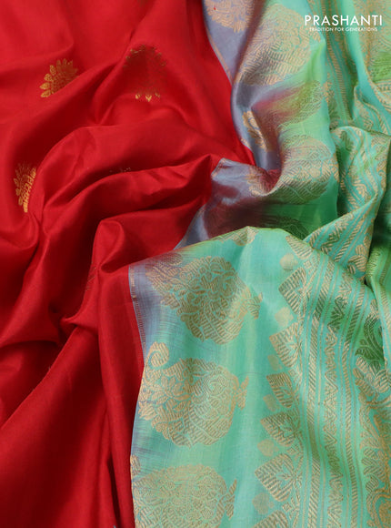 Pure gadwal silk saree red and dual shade of teal green with zari woven buttas and temple design zari woven border