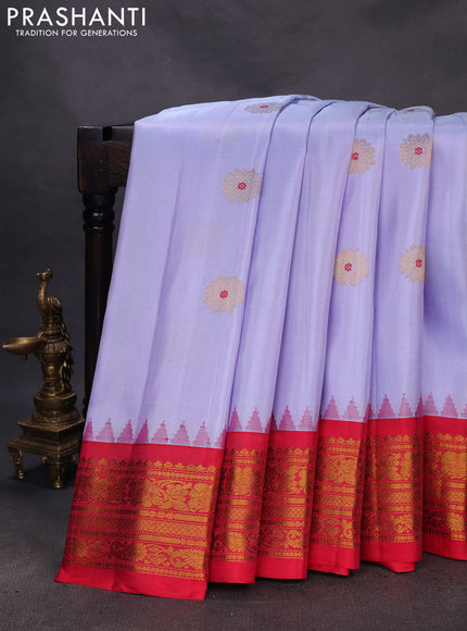Pure gadwal silk saree lavender and red with zari woven buttas and temple design zari woven border