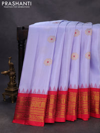 Pure gadwal silk saree lavender and red with zari woven buttas and temple design zari woven border