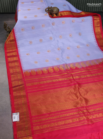 Pure gadwal silk saree lavender and red with zari woven buttas and temple design zari woven border