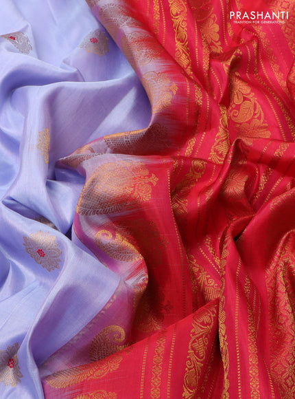 Pure gadwal silk saree lavender and red with zari woven buttas and temple design zari woven border