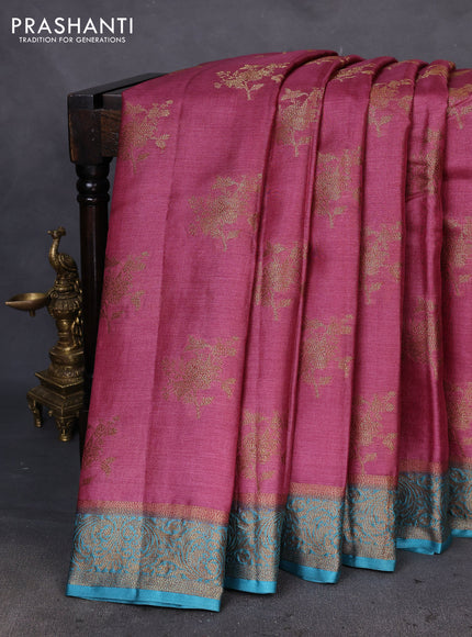 Banarasi tussar silk saree maroon shade and teal blue with allover thread & zari woven buttas and woven border