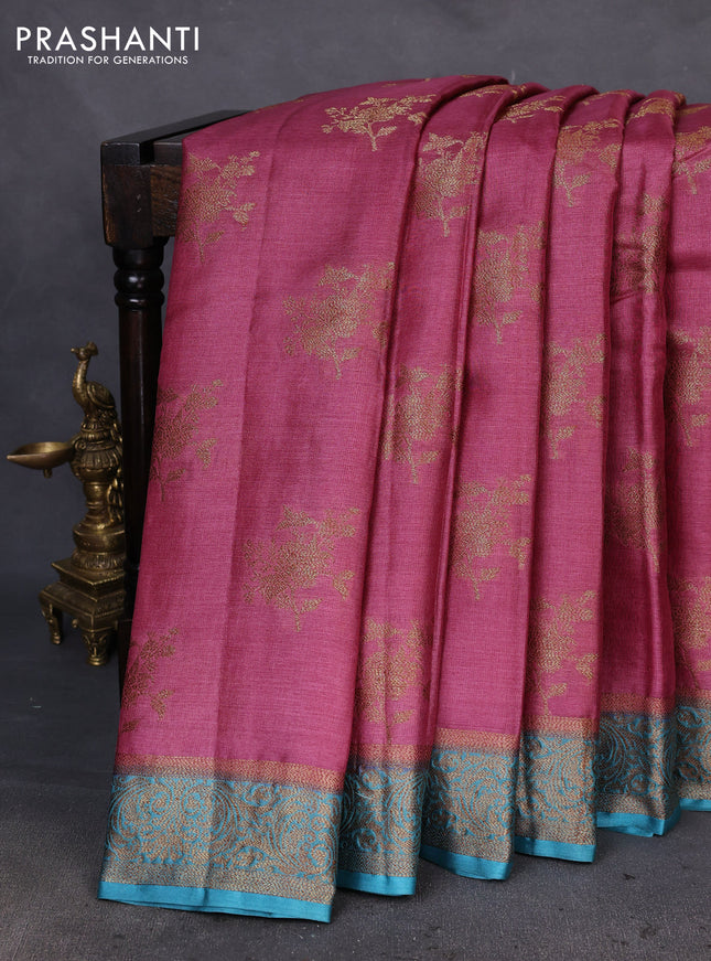 Banarasi tussar silk saree maroon shade and teal blue with allover thread & zari woven buttas and woven border