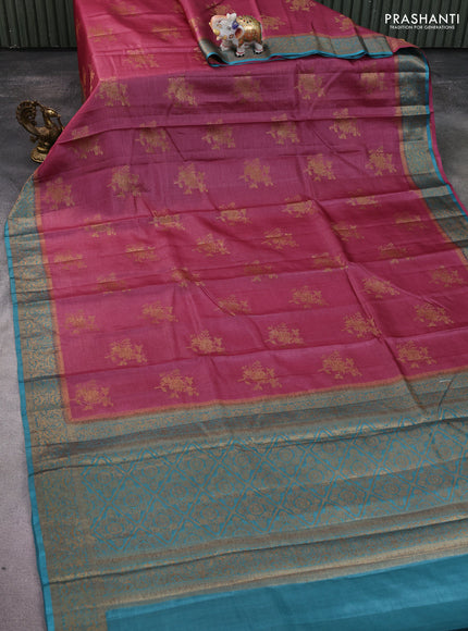 Banarasi tussar silk saree maroon shade and teal blue with allover thread & zari woven buttas and woven border