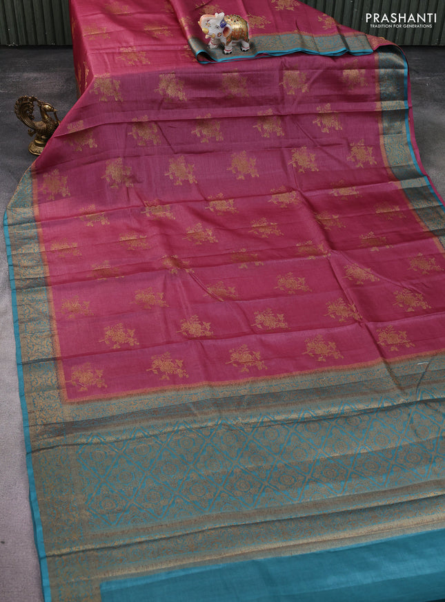 Banarasi tussar silk saree maroon shade and teal blue with allover thread & zari woven buttas and woven border