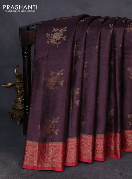 Banarasi tussar silk saree coffee brown and maroon with allover thread & zari woven buttas and woven border