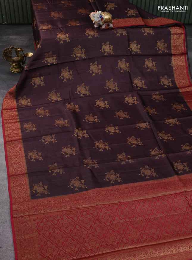 Banarasi tussar silk saree coffee brown and maroon with allover thread & zari woven buttas and woven border