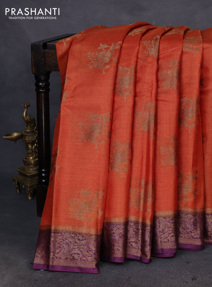 Banarasi tussar silk saree orange and wine shade with allover thread & zari woven buttas and woven border