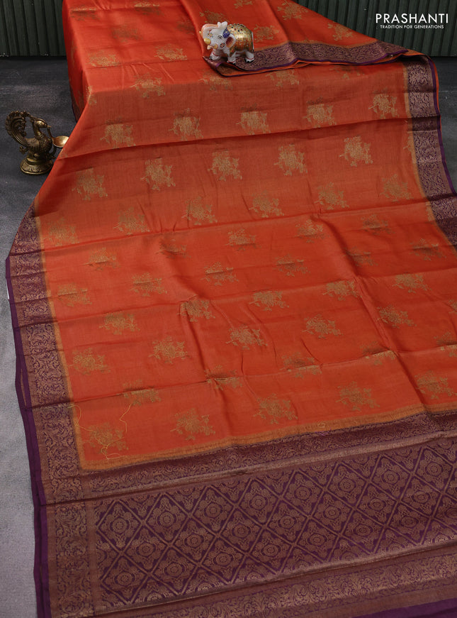 Banarasi tussar silk saree orange and wine shade with allover thread & zari woven buttas and woven border