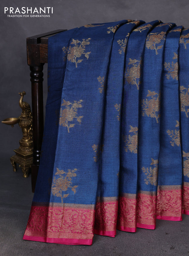 Banarasi tussar silk saree peacock blue and dark pink with allover thread & zari woven buttas and woven border