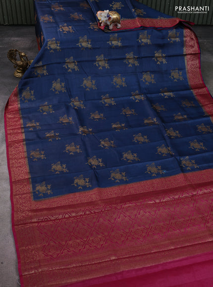 Banarasi tussar silk saree peacock blue and dark pink with allover thread & zari woven buttas and woven border