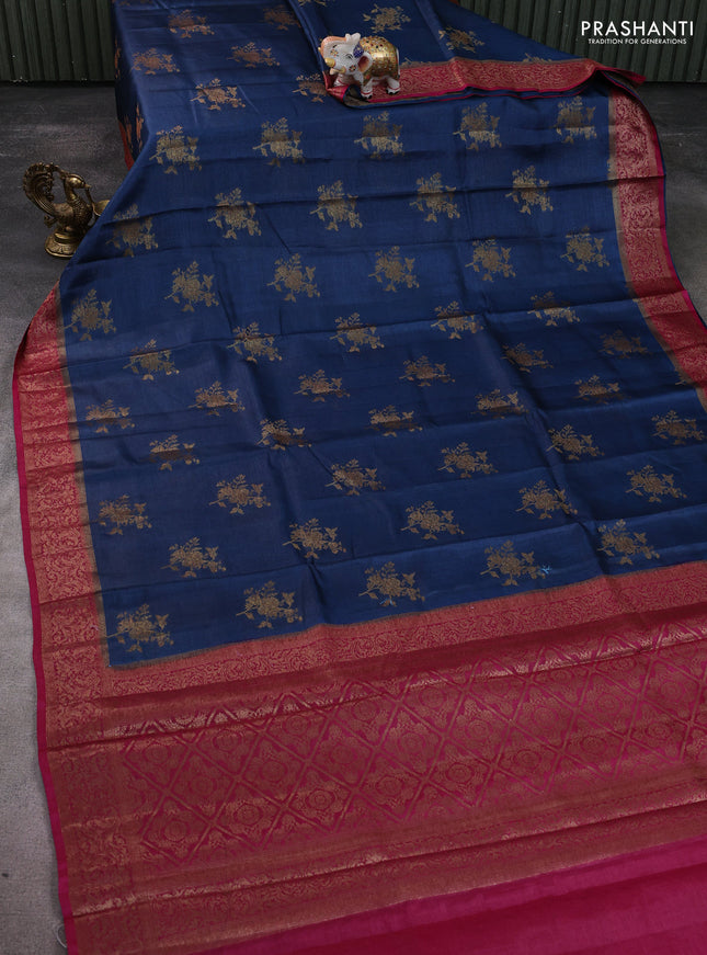 Banarasi tussar silk saree peacock blue and dark pink with allover thread & zari woven buttas and woven border