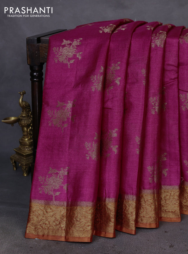 Banarasi tussar silk saree pink and rustic orange with thread & zari woven floral buttas and woven border