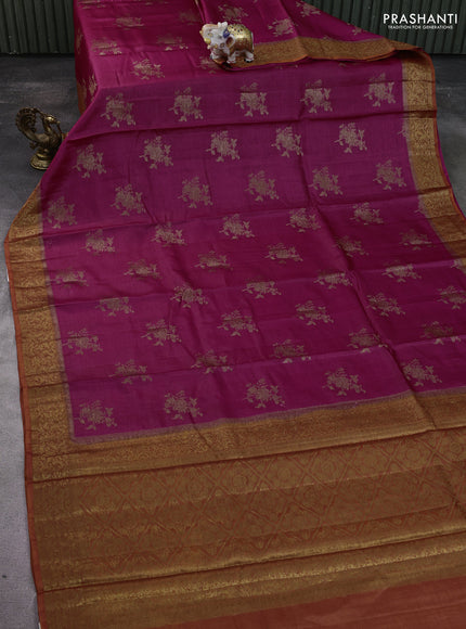 Banarasi tussar silk saree pink and rustic orange with thread & zari woven floral buttas and woven border