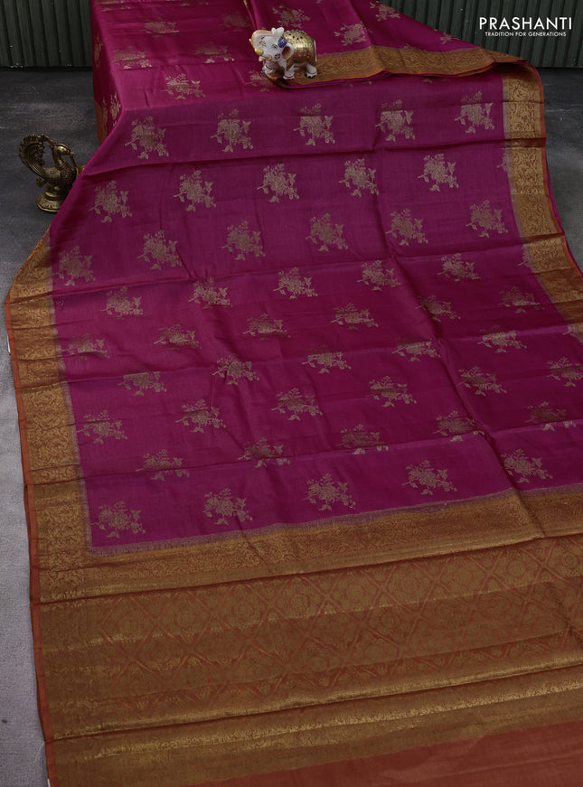 Banarasi tussar silk saree pink and rustic orange with thread & zari woven floral buttas and woven border