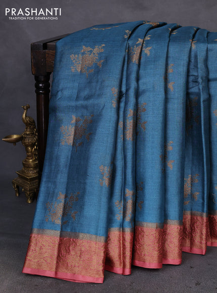 Banarasi tussar silk saree blue and rust shade with thread & zari woven floral buttas and woven border