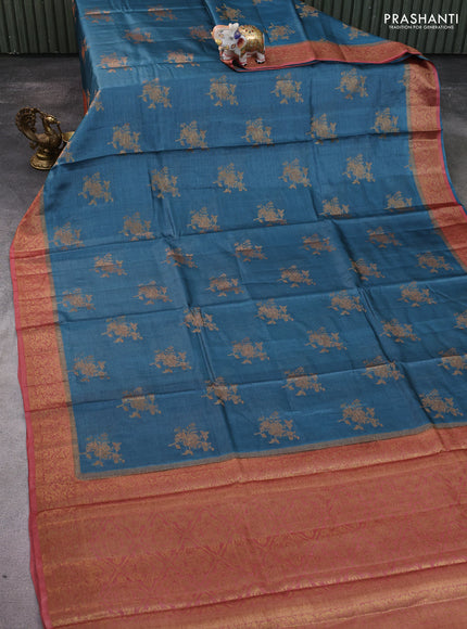 Banarasi tussar silk saree blue and rust shade with thread & zari woven floral buttas and woven border
