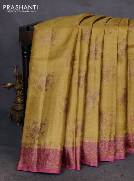 Banarasi tussar silk saree mustard shade and mauve pink with thread & zari woven floral buttas and woven border