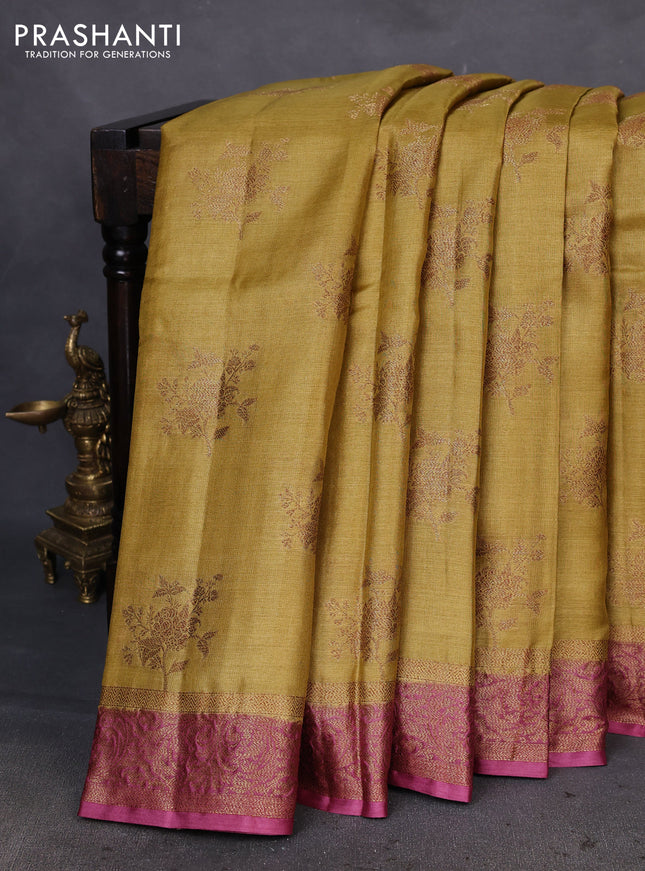 Banarasi tussar silk saree mustard shade and mauve pink with thread & zari woven floral buttas and woven border