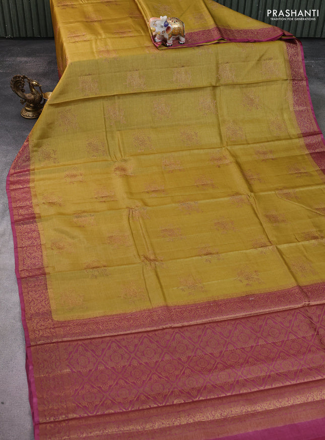 Banarasi tussar silk saree mustard shade and mauve pink with thread & zari woven floral buttas and woven border