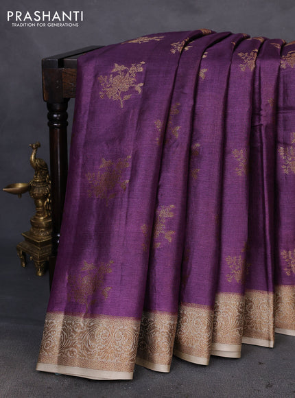Banarasi tussar silk saree purple and beige with thread & zari woven floral buttas and woven border