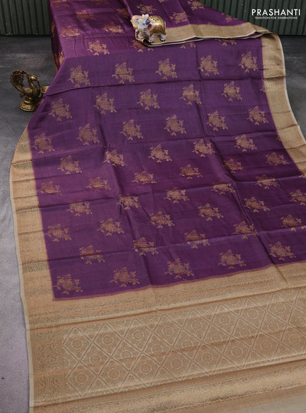 Banarasi tussar silk saree purple and beige with thread & zari woven floral buttas and woven border