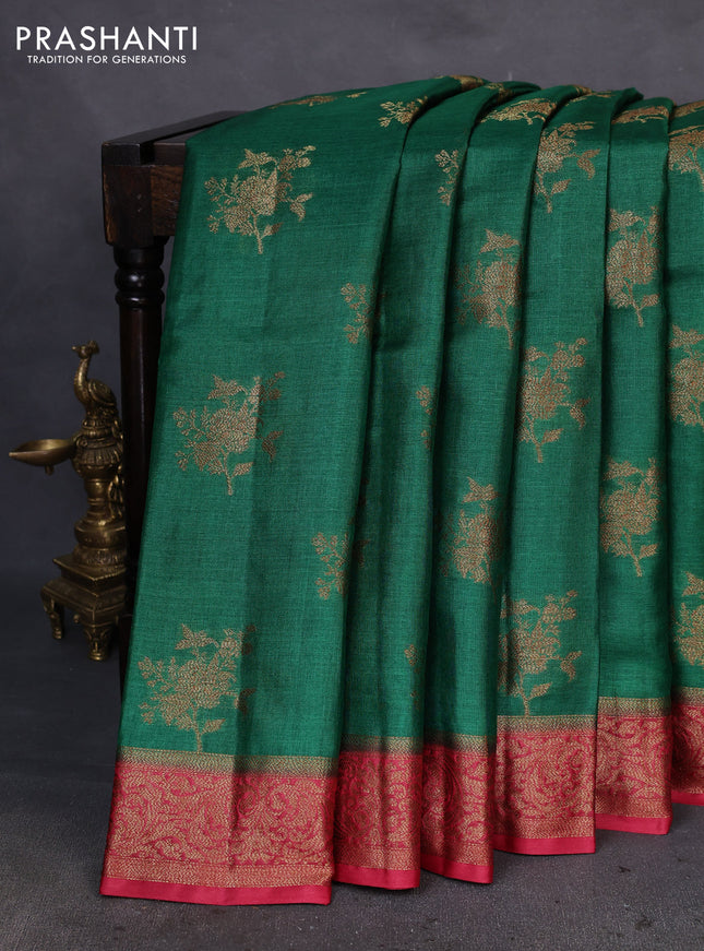 Banarasi tussar silk saree green and maroon with thread & zari woven floral buttas and woven border