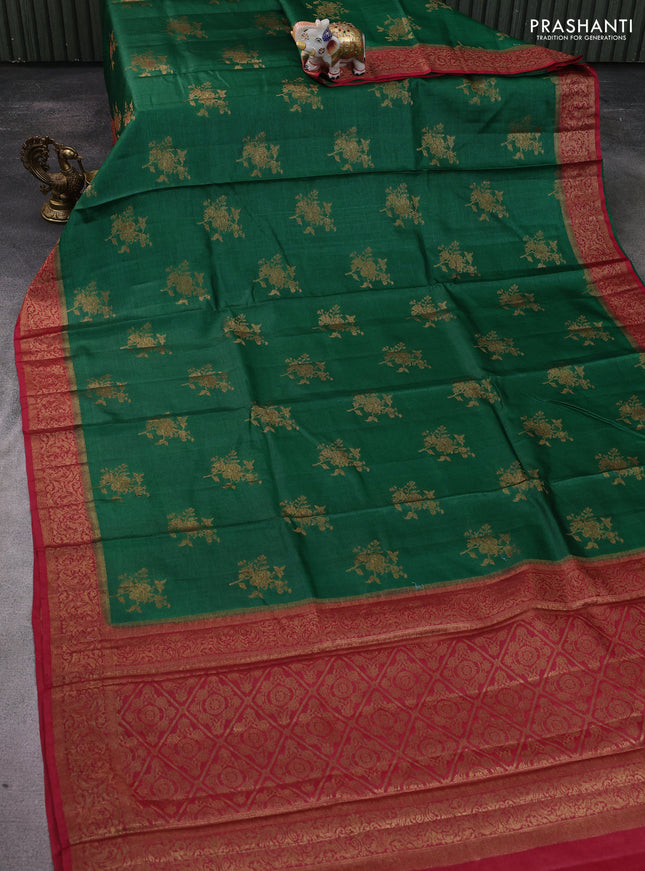 Banarasi tussar silk saree green and maroon with thread & zari woven floral buttas and woven border
