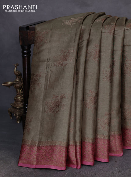 Banarasi tussar silk saree elaichi green and pastel maroon with thread & zari woven floral buttas and woven border