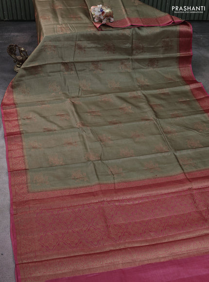 Banarasi tussar silk saree elaichi green and pastel maroon with thread & zari woven floral buttas and woven border