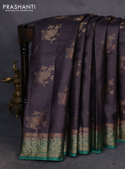 Banarasi tussar silk saree coffee brown and green with thread & zari woven floral buttas and woven border