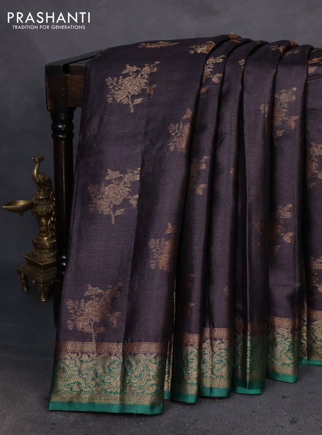 Banarasi tussar silk saree coffee brown and green with thread & zari woven floral buttas and woven border