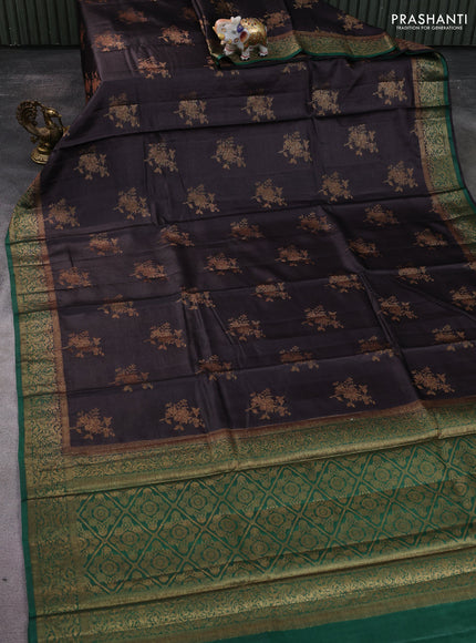 Banarasi tussar silk saree coffee brown and green with thread & zari woven floral buttas and woven border